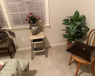 antique ladder chair, rubber plant, sm bench, and vase