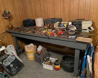 Mechanics tools, carpenters tools, #3 crock, lawn chairs, mulch, boom box, bag of concrete. 