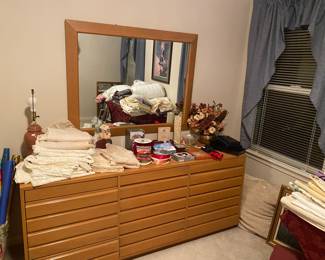 Incredible dresser, linen curtains, ribbon, lamp and wrapping paper