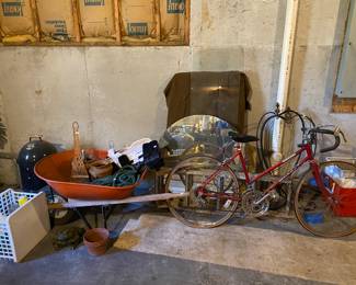 wheel barrow, Murray bike, large pcs of glass and mirror, cooler, extension ladder and more