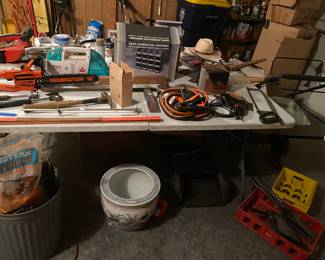 Large ceramic crock, jumper cables, drawer organizer chain saw +++