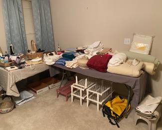 linens, show racks, rugs, misc hair styling items 