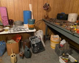 Watering cans, planters, edging, misc kitchen items 
