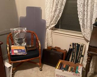 Bamboo chairs (2) books, briefcases, supplies