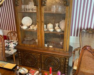 unique China hutch, China and nice stemware, plated silver dishes 