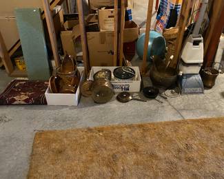 shrugs, brass and copper items, crock pots, large ash bucket from Ireland, Shampooer 