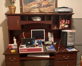 nice desk, office supplies, cool outdoor pic, computer