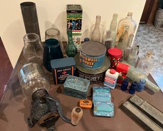 vintage tins, bottles, Arcade coffee grinder