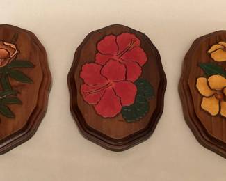 CCS083 Three Vintage Painted Hawaiian Flower Wall Hangings