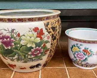 CCS213 Large Ceramic Chinese Fish Bowl Planter & Smaller Planter
