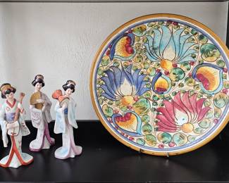 Asian Trio figurines and colorful Plate