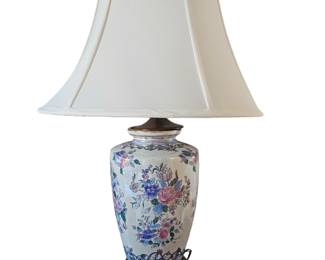 One of a pair of Vintage porcelain lamps with silk shades