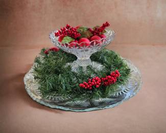 Christmas arrangement on large glass tray