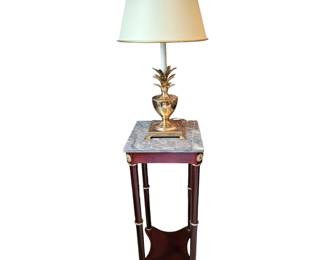 Mahogany marble topped table and lamp