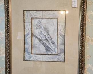 Nicely framed large art with cockatiel in blues/aqua