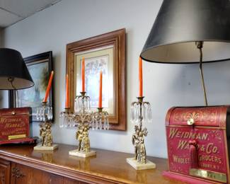 Weidman coffee display box lamp and decorative brass candelabras