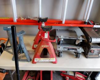 Car Dolly and Jack stands, bench Sander.