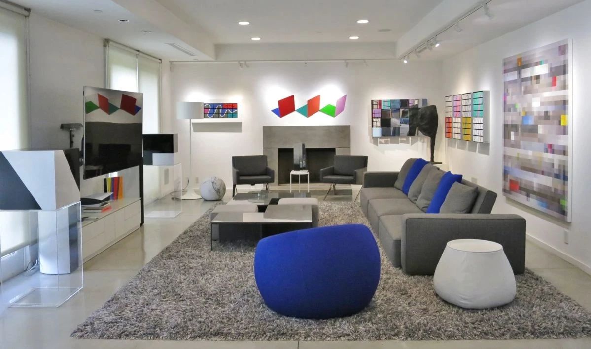 Fabulous Showplace Living Room with B & B Italia Modular Sofa, Modular Coffee Table w/ Ottomans, Armchairs and Custom 18' Wool Shag Rug!