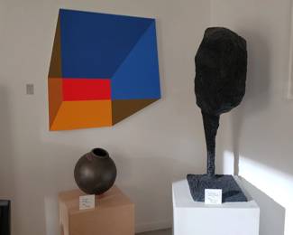 Large Cube Art by Moshe Elimelech;  Large Faux Bronze Sculpture by Ada Ihmels; Black Pottery Vessel