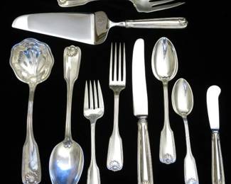 "Fiddle, Thread & Shell" Classic Sterling Silver Dinner Service for 12.  70 pieces
