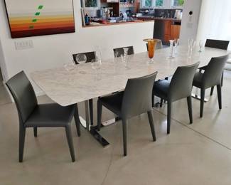 9' 9" Carrara Marble Dining Table with 8 Leather Dining Chairs by B & B Italia