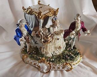 Large Unter Weissbach Porcelain Figurine A Lady Coming Out of a Carriage Passing A Note To One of the Gentleman