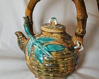Majolica Pottery Bamboo Woven Basket Design Teapot