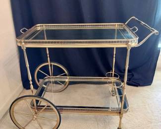 Lovely French Mid Century Brass and Glass Beverage Trolley Cart with Lift Off Tray