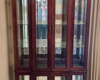 Lovely Burl Wood Lighted Curio Cabinet with Beveled Glass Panels