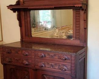Beautiful Antique Marble Top Buffet with Carved Details