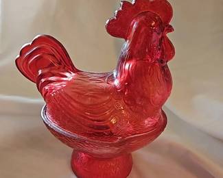 Pressed Glass Rooster Candy Dish
