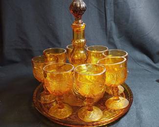 Vintage Indiana Tiara Amber Sandwich Glass Decanter Set with Tray Decanter and 8 Glasses