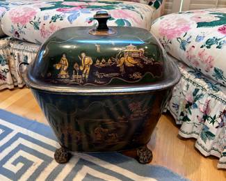 VINTAGE HAND PAINTED TOLE COVERED BUCKET