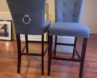 Safaveih Taylor Barstools, Navy Linen, Espresso wood, and chrome nail head trim and ring accent