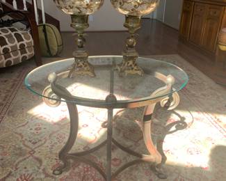 Glass Side Table and Large Gold Candle Holders RUG NOT FOR SALE