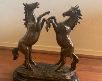 Rearing Horses Cast Metal Bronze Statue on Marble base.