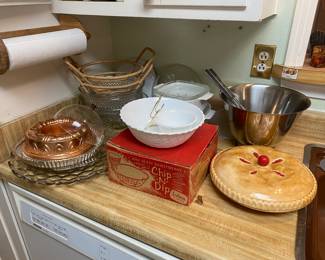 Milk glass chip & dip , ceramic cherry pie dish, 
