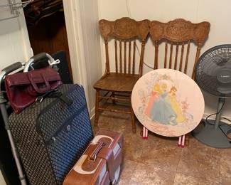 Side chairs, luggage, Disney princess table, fan 