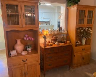 2 very nice light wood cabinets with leaded glass doors. Antique chest of drawers