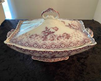 Purple transfer ware covered dish