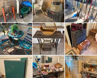 Wood room- industrial paper cutter, small refrigerator - old but excellent , rusted singer sewing machine stand, luggage, bistro set, large tool box, yard tools