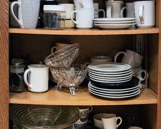 Kitchen dishes, plates, glasses, flatware, cookware