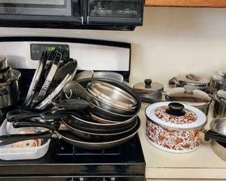 Kitchen dishes, plates, glasses, flatware, cookware