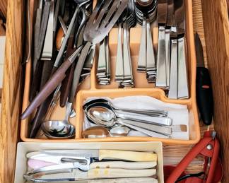 Kitchen dishes, plates, glasses, flatware, cookware