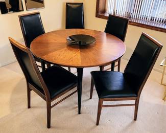 Beautiful Mid Century Modern Furniture - Wood table with 2 leaves and 6 matching wood and black leather chairs