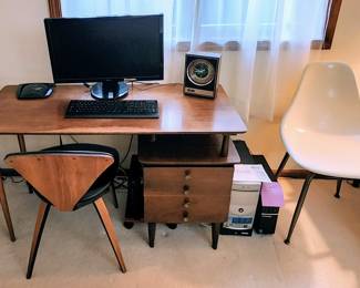 Beautiful Mid Century Modern Furniture - Wood desk set by  Plycraft and retro white chair