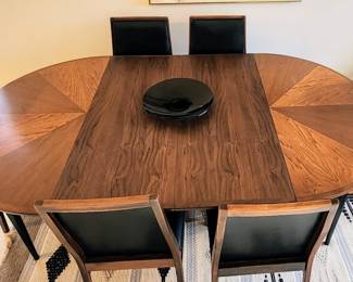 Beautiful Mid Century Modern Furniture - Wood table with 2 leaves and 6 matching wood and black leather chairs