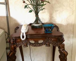  Walnut Side Table with  Carved Figures on Each Leg