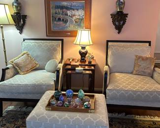 Pair Upholstered Chairs with Ottoman 
