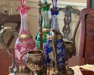 Antique Decanter Set with Cut Colored Crystal Decanters